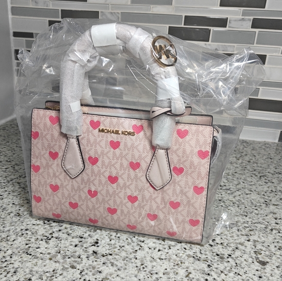 Michael Kors Sheila Small Embellished Signature Logo Satchel (Powder Blush heart